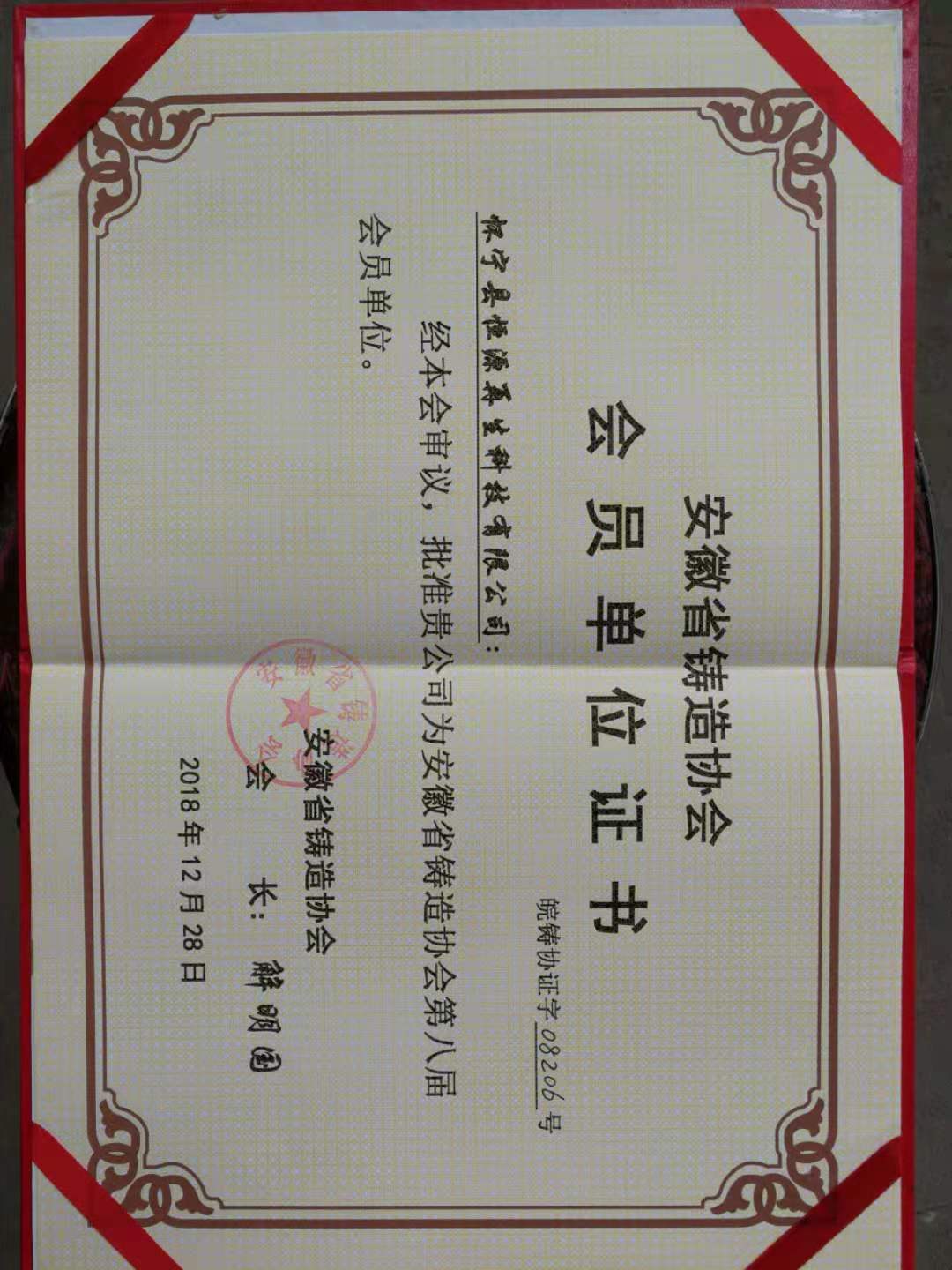 安徽省铸造协会会员证书
